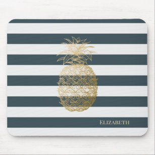 Girly Modern Chic Gold Pineapple Stripes Mouse Pad