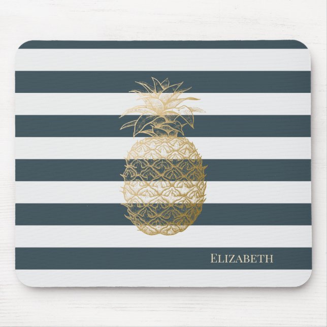 Girly Modern Chic Gold Pineapple Stripes Mouse Pad (Front)