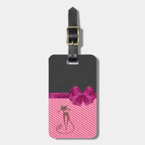 Girly Modern Chic StripesCat_Personalized Luggage Tag