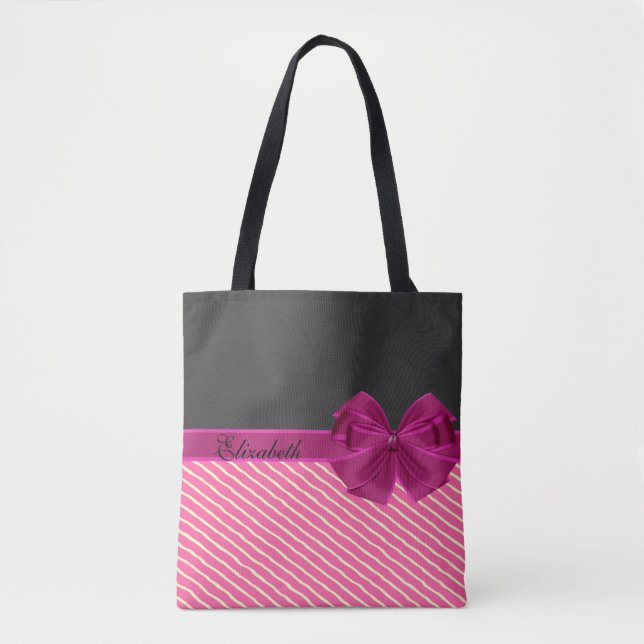 Girly Modern Chic Stripes-Personalized Tote Bag (Front)