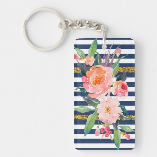 Girly Modern Chic Watercolor Flowers _Stripes Keychain