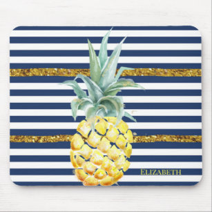 Girly Modern Chic Watercolor Pineapple Stripes Mouse Pad