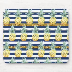 Girly Modern Chic Watercolor Pineapples  Stripes Mouse Pad