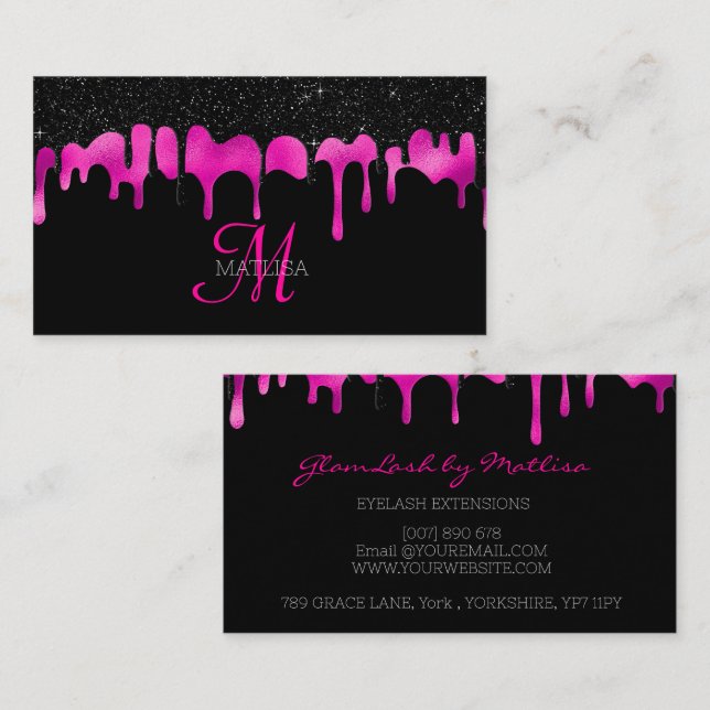 Girly Modern Dripping Monogram Glitter Salon  Business Card (Front/Back)