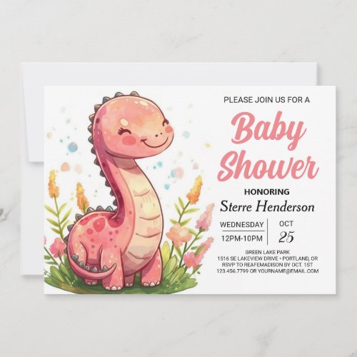 Girly Modern Editable Dinosaur Girl Baby Shower Invitation