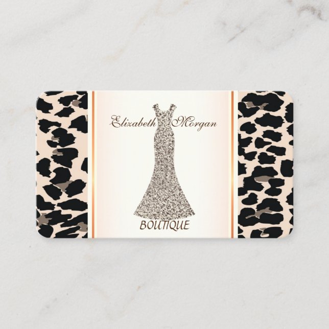 Girly Modern Elegant,Leopard Print, Glitter Dress Business Card (Front)