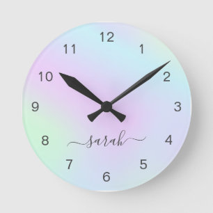 Girly Modern Elegant Script Name Holographic Round Clock