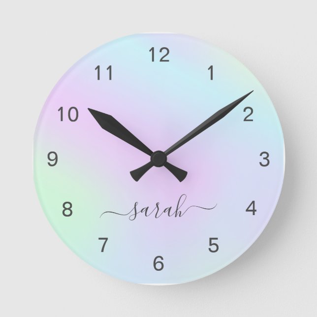 Girly Modern Elegant Script Name Holographic Round Clock (Front)