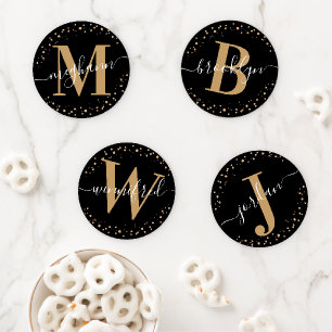 Girly Modern Gold Black Name Script Monogrammed  C Coaster Set
