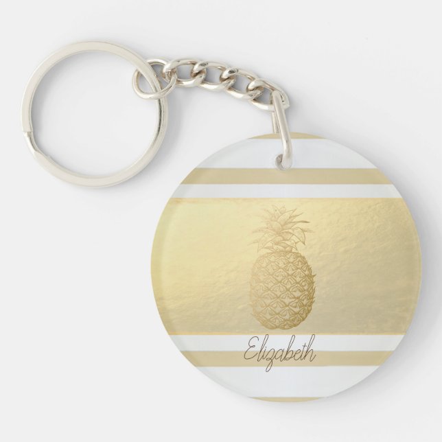 Girly Modern Gold Stripes, Gold Pineapple   Keychain (Front)