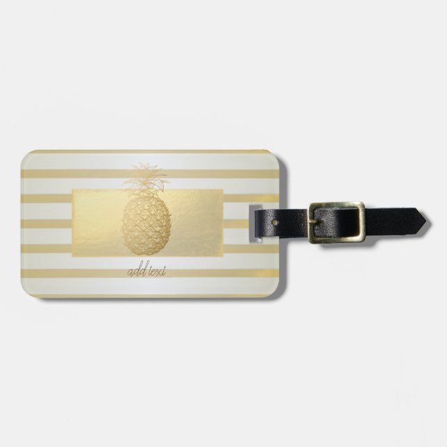 Girly Modern Gold Stripes, Gold Pineapple  Luggage Tag (Front Horizontal)