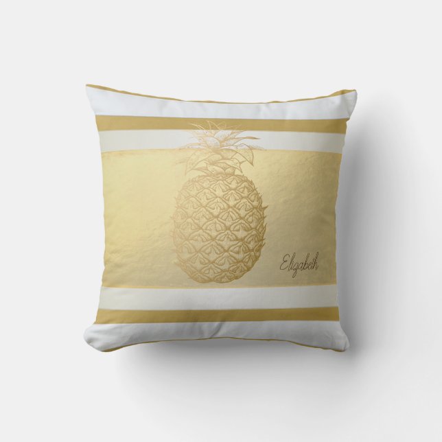Girly Modern Gold Stripes, Gold Pineapple Throw Pillow (Front)
