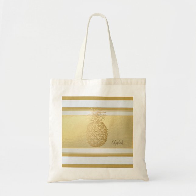 Girly Modern Gold Stripes, Gold Pineapple Tote Bag (Front)