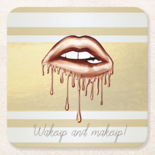Girly Modern Gold Stripes, Metallic Dripping Lips Square Paper Coaster