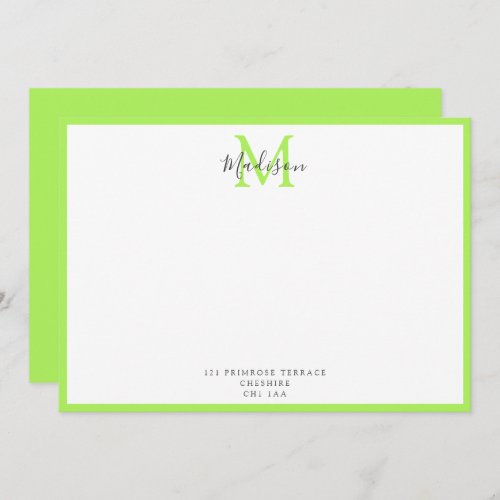 Girly Modern Lime Green Calligraphy Monogram   Not Note Card