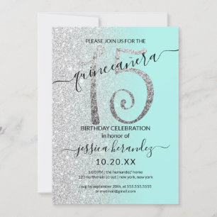 Girly Modern Mint Silver Glitter Ombre Quinceañera Invitation