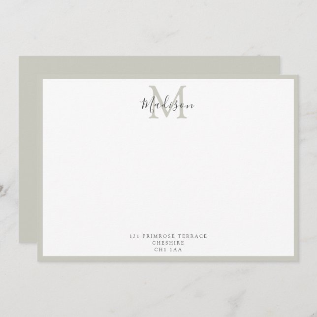 Girly Modern Pastel Grey Handlettered Monogram   N Note Card (Front/Back)