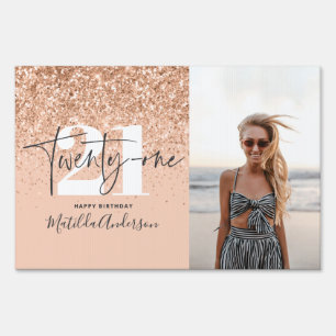 Girly modern peach glitter photo 21st birthday sign
