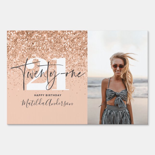 Girly modern peach glitter photo 21st birthday sign (Front)