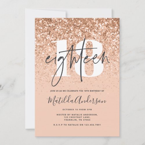 Girly modern peach glitter typography 18 birthday