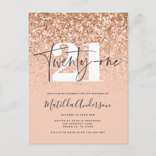 Girly modern peach glitter typography 21 birthday postcard