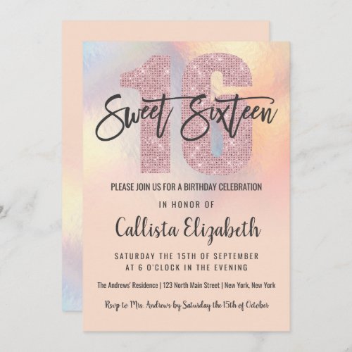 Girly Modern Peach Iridescent Foil Ombre Sweet 16 Invitation
