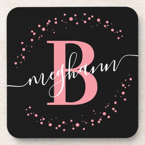 Girly Modern Pink Black Name Script Monogrammed  Beverage Coaster