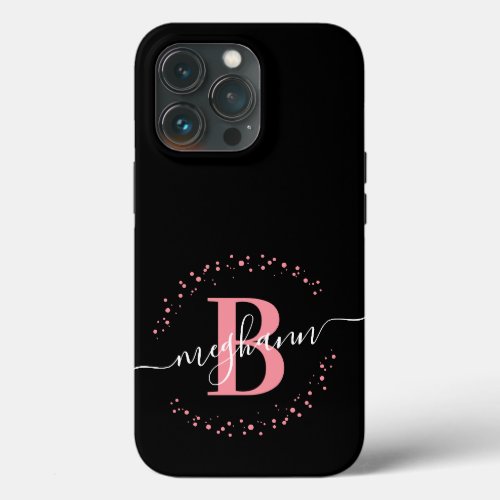 Girly Modern Pink Black Name Script Monogrammed  C iPhone 13 Pro Case