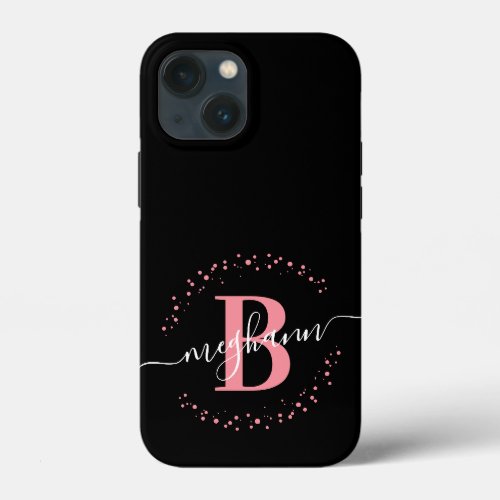 Girly Modern Pink Black Name Script Monogrammed  iPhone 13 Mini Case