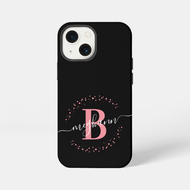 Girly Modern Pink Black Name Script Monogrammed  Iphone Case (Back)