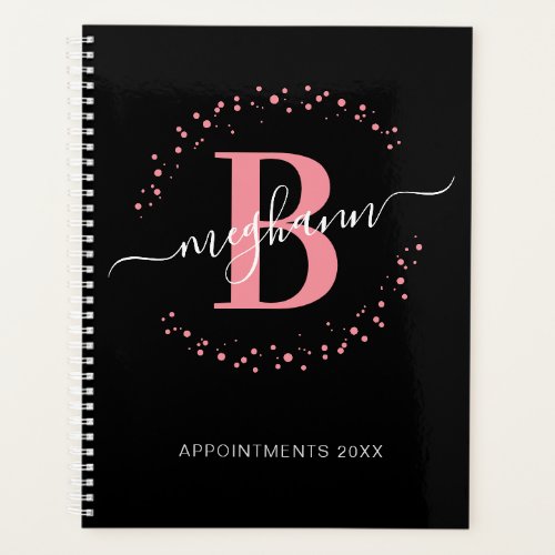 Girly Modern Pink Black Name Script Monogrammed  Planner