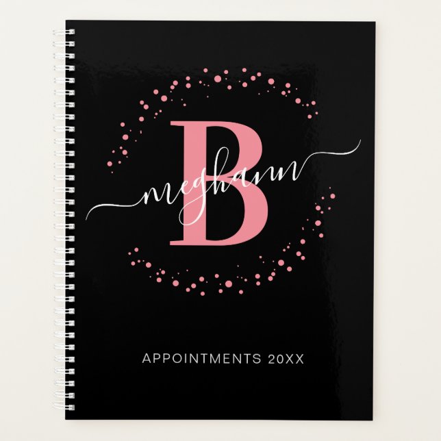 Girly Modern Pink Black Name Script Monogrammed  Planner (Front)