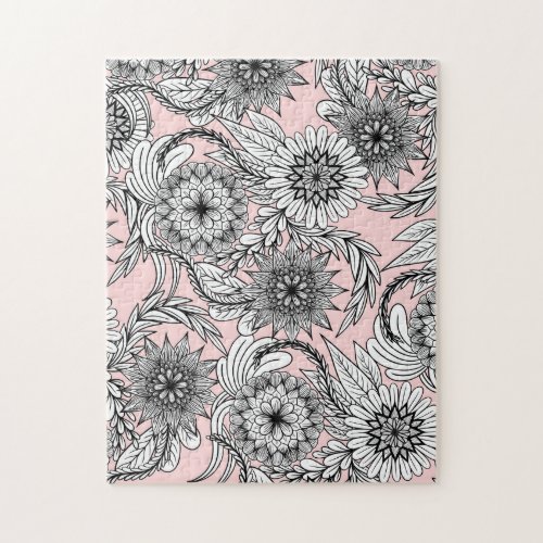 Girly Modern Pink Black White Floral Drawings Jigsaw Puzzle