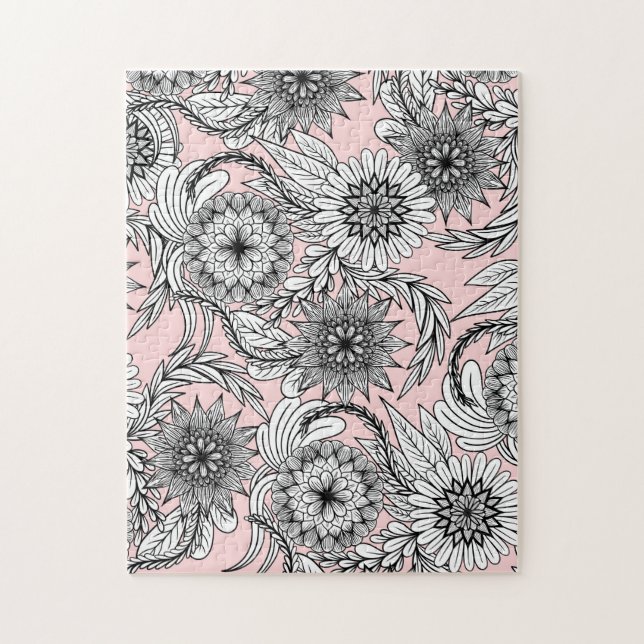 Girly Modern Pink Black White Floral Drawings Jigsaw Puzzle (Vertical)