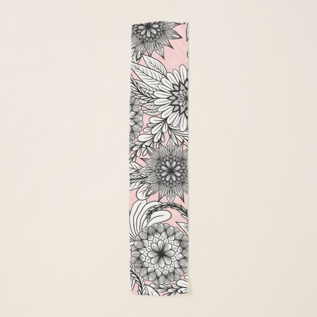 Girly Modern Pink Black White Floral Drawings Scarf (Front)