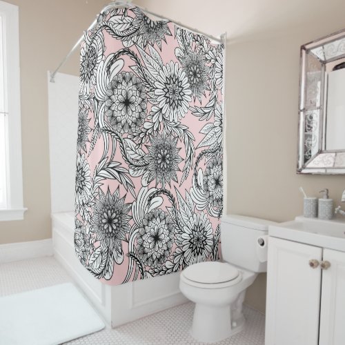 Girly Modern Pink Black White Floral Drawings Shower Curtain