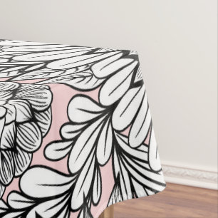 Girly Modern Pink Black White Floral Drawings Tablecloth