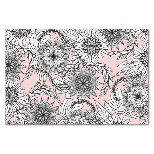 Girly Modern Pink Black White Floral Drawings Tissue Paper