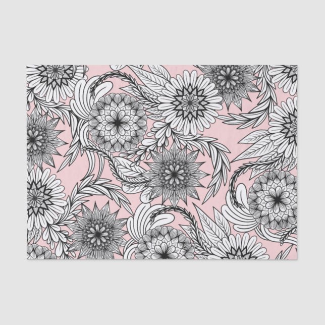 Girly Modern Pink Black White Floral Drawings Tissue Paper (Front)