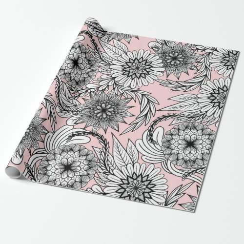 Girly Modern Pink Black White Floral Drawings Wrapping Paper