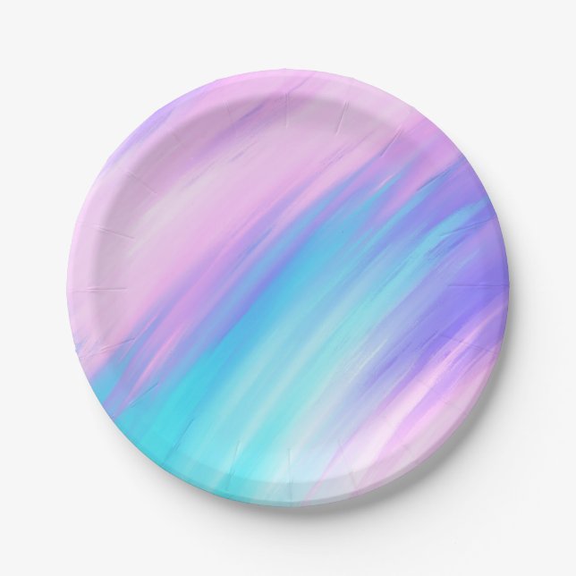 Girly Modern Pink Blue Purple Paint Smudges Paper Plates (Front)