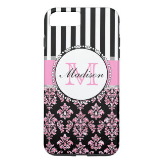 Girly Modern Pink Glitter Damask Personalized iPhone 8 Plus/7 Plus Case