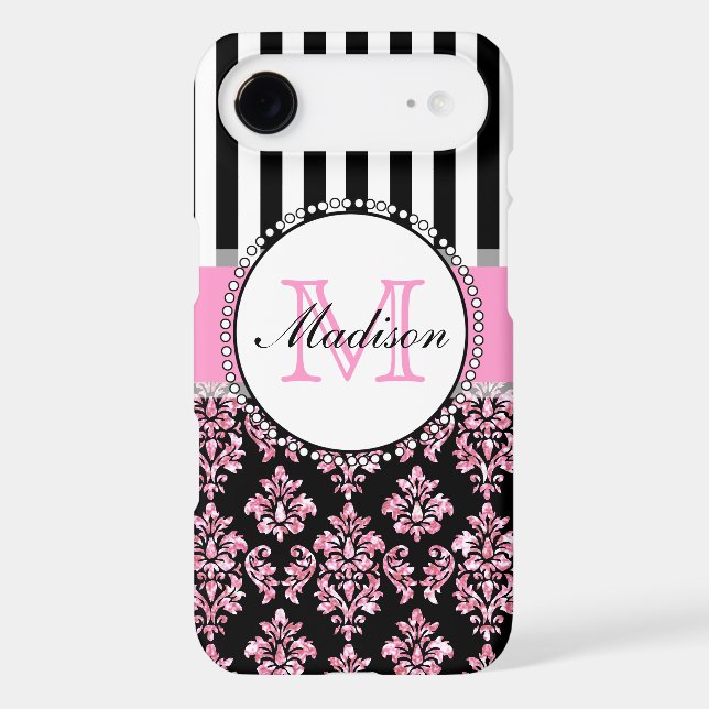 Girly Modern Pink Glitter Damask Personalized Case-Mate iPhone Case (Back)