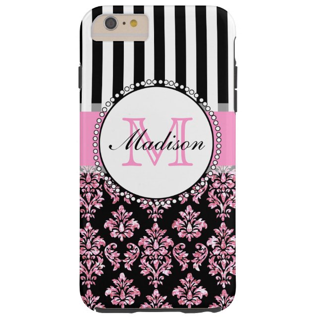 Girly Modern Pink Glitter Damask Personalized Case-Mate iPhone Case (Back)