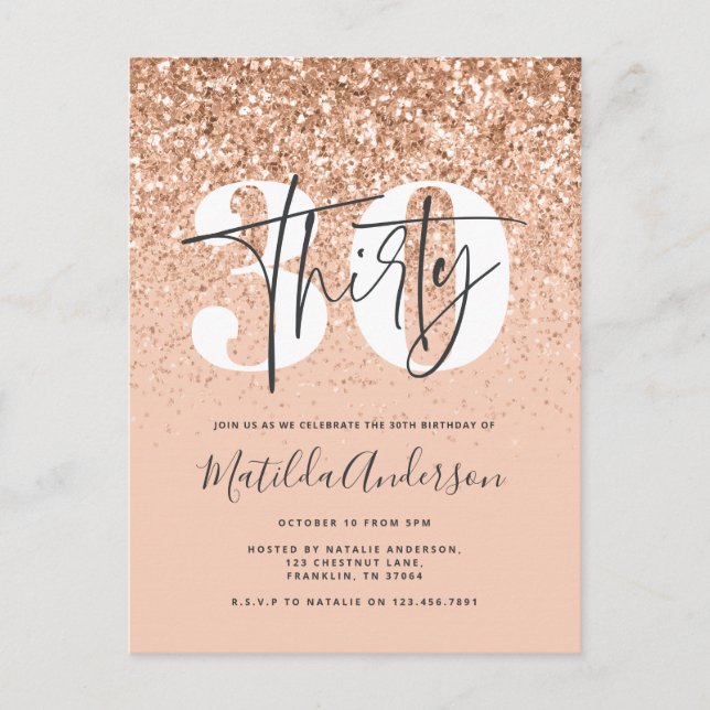 Girly modern pink glitter typography 30th birthday postcard (Front)