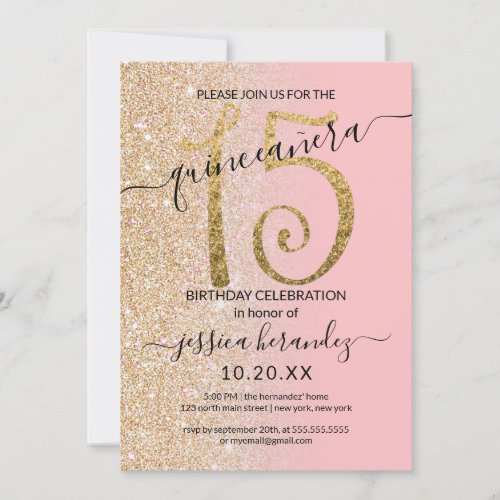 Girly Modern Pink Gold Glitter Ombre Quinceaera Invitation