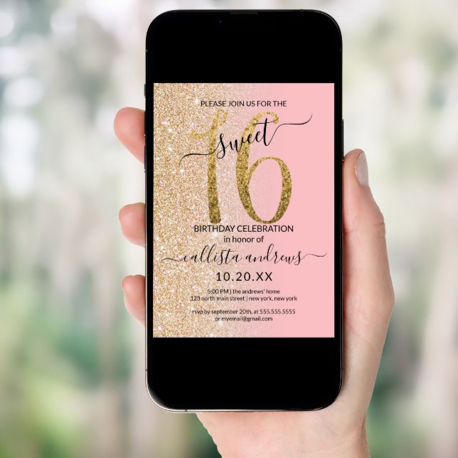 Girly Modern Pink Gold Glitter Ombre Sweet 16 Invitation (Front Digital)