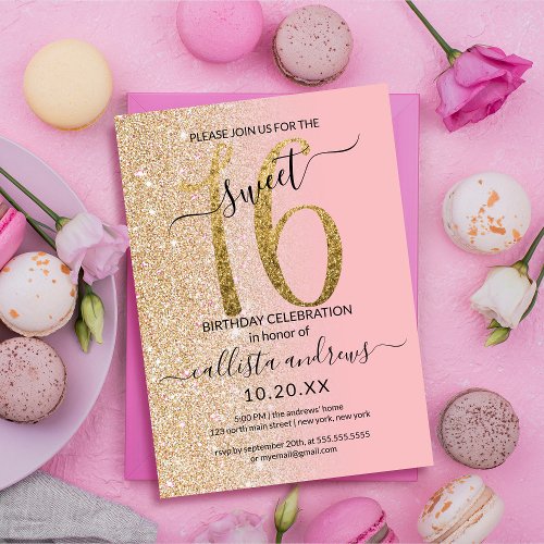 Girly Modern Pink Gold Glitter Ombre Sweet 16 Invitation