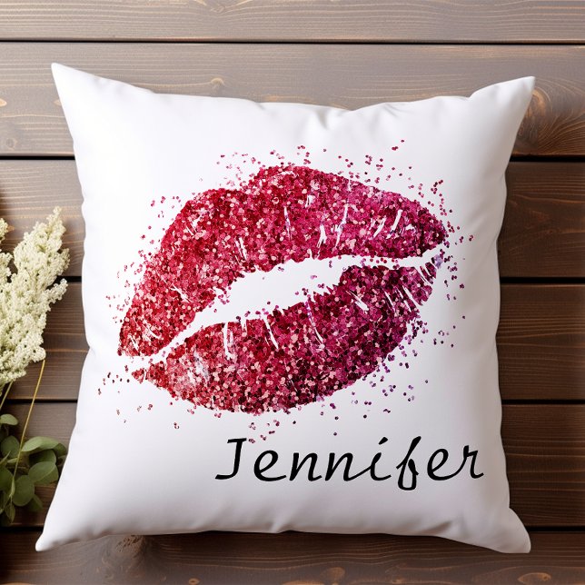 Girly Modern Pink Red Glitter Kiss Lips Throw Pillow (Creator Uploaded)
