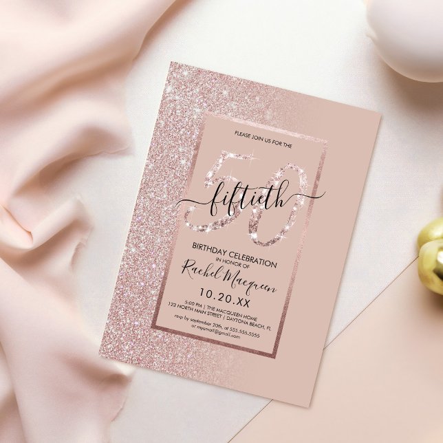 Girly Modern Pink Rose Gold Glitter 50th Birthday Invitation (Creator Uploaded)
